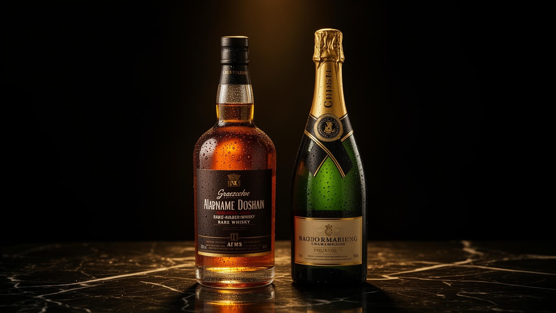 Rare whisky and vintage champagne on dark marble